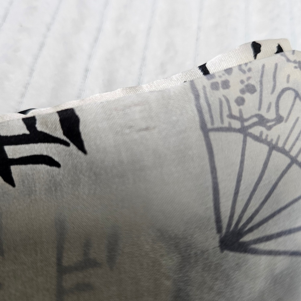 Silk Scarf Unisex Cream Black Calligraphy Fan Print Fringe Wrap Neutral Academia - Picture 7 of 9